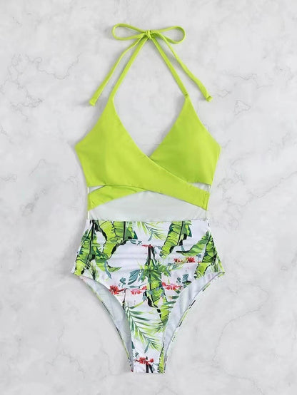 Lime Green Cut-Out Monokini with Tropical High-Waist Detail | Women’s Statement One-Piece Swimwear