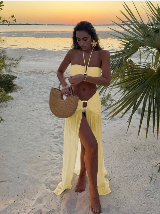 Butter Yellow Bandeau Bikini Set with Sheer Slit Skirt Cover-Up | Luxury Resort Swimwear