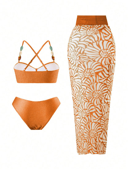 Sunset Bloom 3-Piece Bikini Set with Sarong