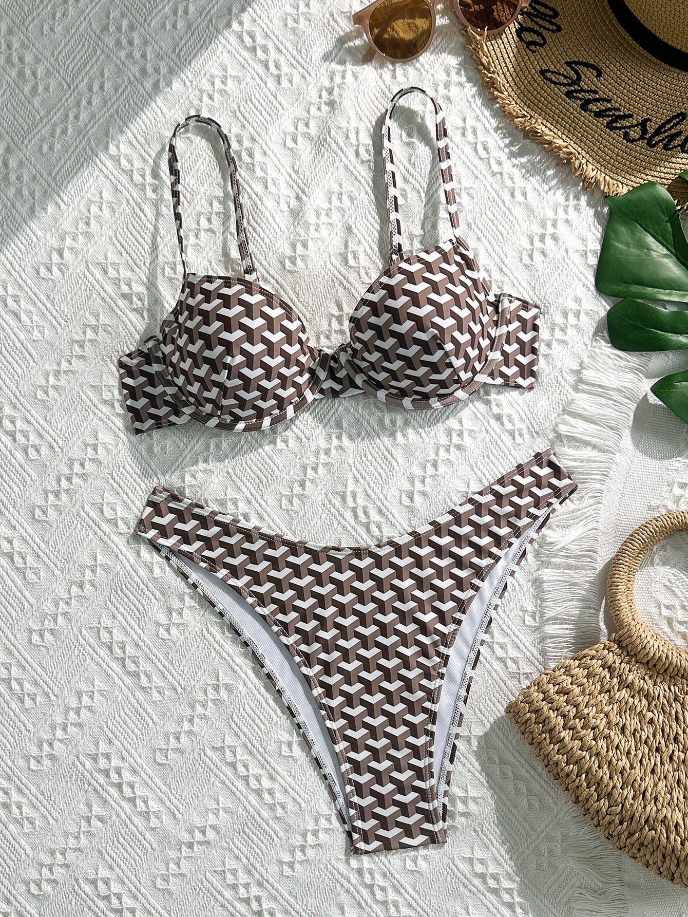 Geo Luxe Underwire Bikini Set in Mocha Brown