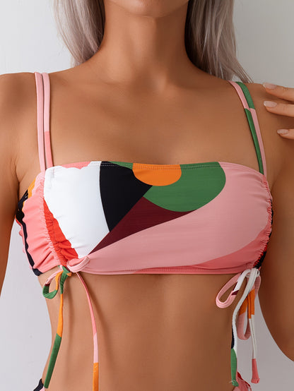 Pastel Geometric Ruched Bandeau Bikini Set | Women’s High-Waist Two-Piece Swimwear