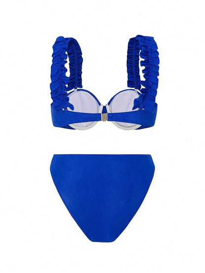Royal Blue Ruffle Bikini Set with Asymmetrical Sarong Skirt – 3-Piece Beachwear Co-Ord