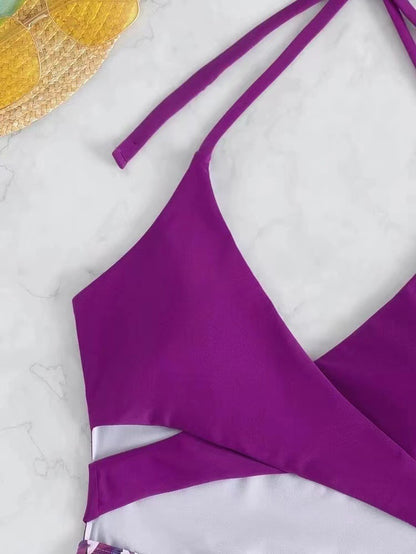 Plum Purple Cut-Out Monokini with Tropical High-Waist Detail | Women’s Statement One-Piece Swimwear