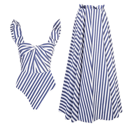 Blue & White Striped Bustier Monokini with Maxi Cover-Up Skirt