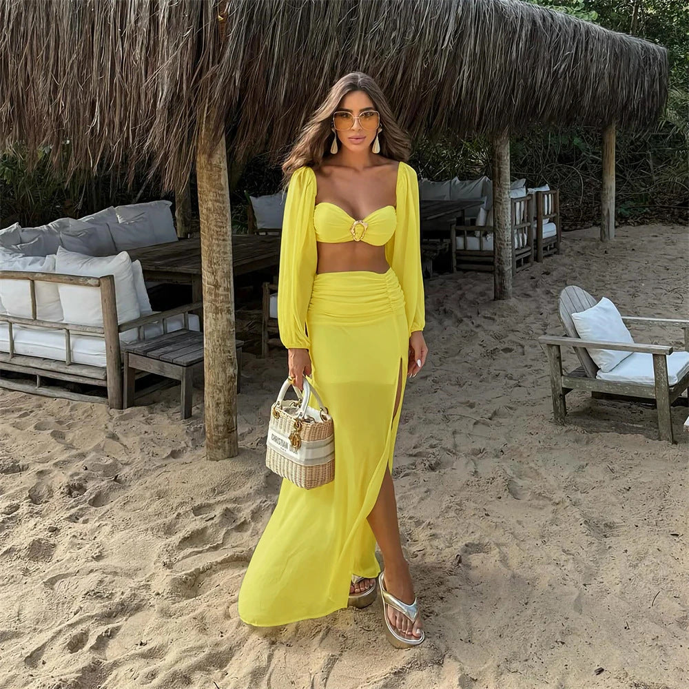 Lemon Yellow Bandeau Bikini Set with Long Sheer Skirt & Cover-Up | 3-Piece Luxury Resort Wear
