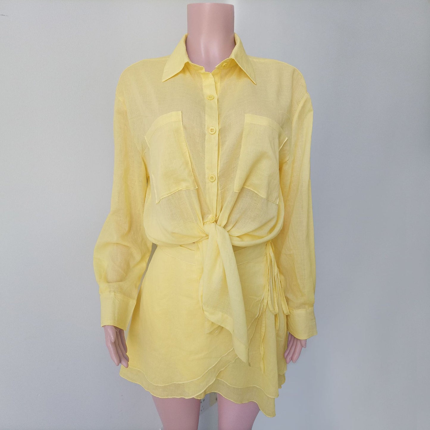 Butter Yellow Tie-Up Beach Shirt with Wrap Skirt Cover-Up Set