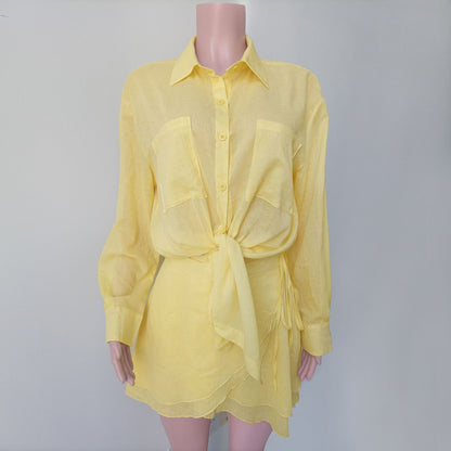 Butter Yellow Tie-Up Beach Shirt with Wrap Skirt Cover-Up Set