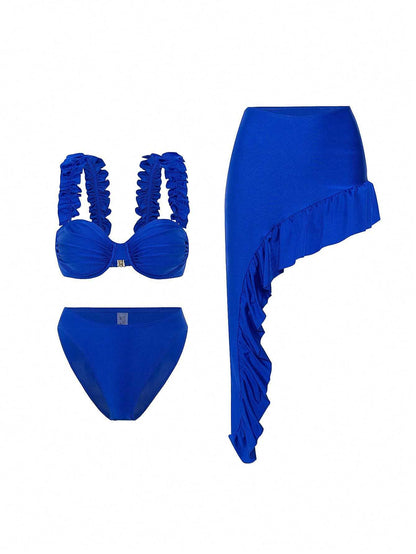 Royal Blue Ruffle Bikini Set with Asymmetrical Sarong Skirt – 3-Piece Beachwear Co-Ord