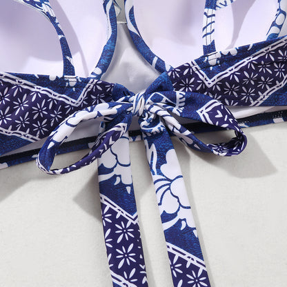 Boho Blue & White 3-Piece Swimwear Set – Ruffle Bikini with Maxi Sarong