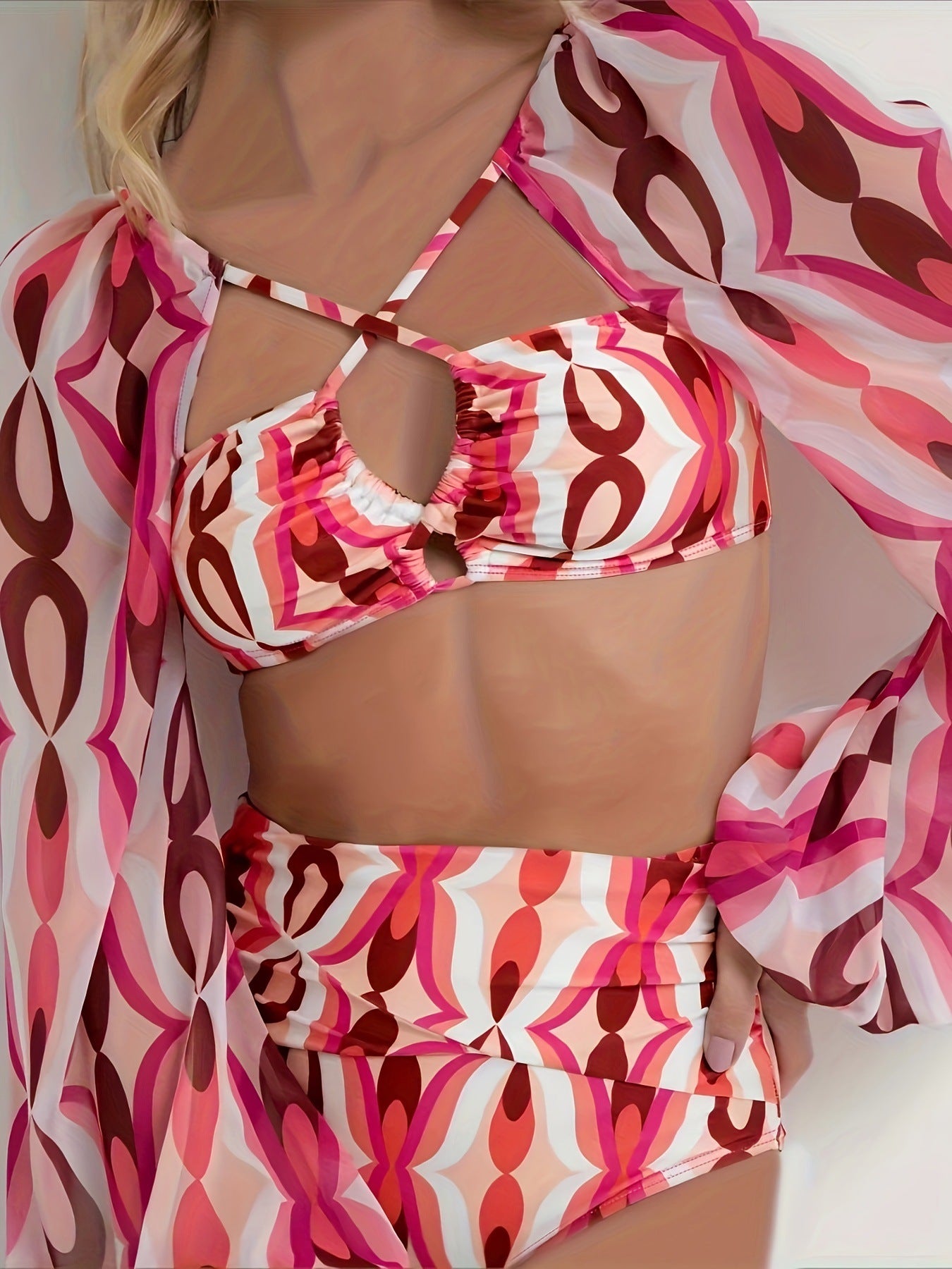 Pink Retro Print Mesh Sleeve High-Waist Bikini Set