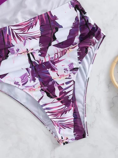 Plum Purple Cut-Out Monokini with Tropical High-Waist Detail | Women’s Statement One-Piece Swimwear
