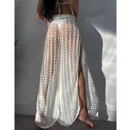 White Crochet High-Slit Beach Cover-Up Pants