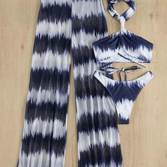 Abstract Tie-Dye Co-Ord Beach Set | Halter Neck Crop Top with Wide-Leg Resort Pants