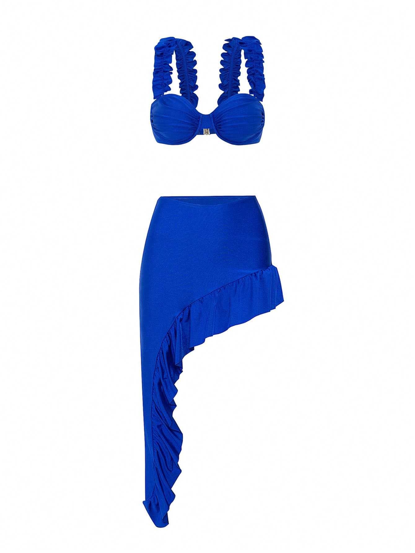 Royal Blue Ruffle Bikini Set with Asymmetrical Sarong Skirt – 3-Piece Beachwear Co-Ord