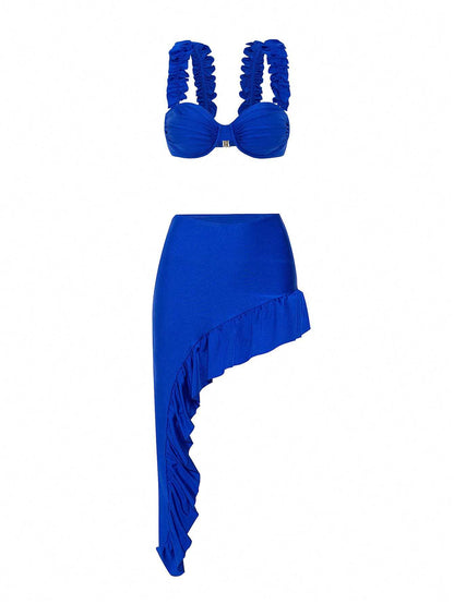 Royal Blue Ruffle Bikini Set with Asymmetrical Sarong Skirt – 3-Piece Beachwear Co-Ord