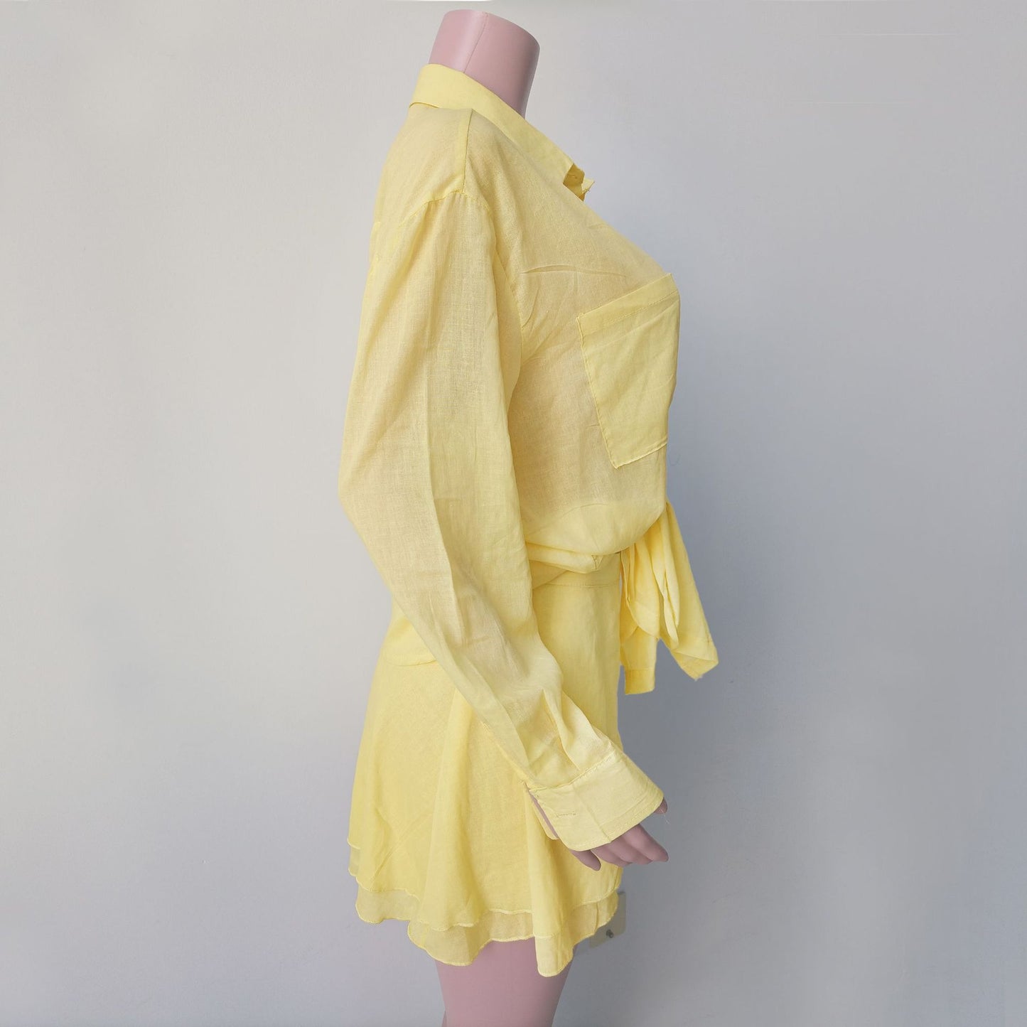 Butter Yellow Tie-Up Beach Shirt with Wrap Skirt Cover-Up Set