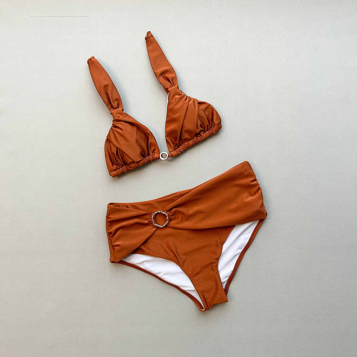 Chocolate Brown Ring Detail Bikini Set with High-Waist Bottom