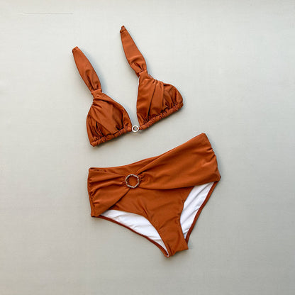 Chocolate Brown Ring Detail Bikini Set with High-Waist Bottom