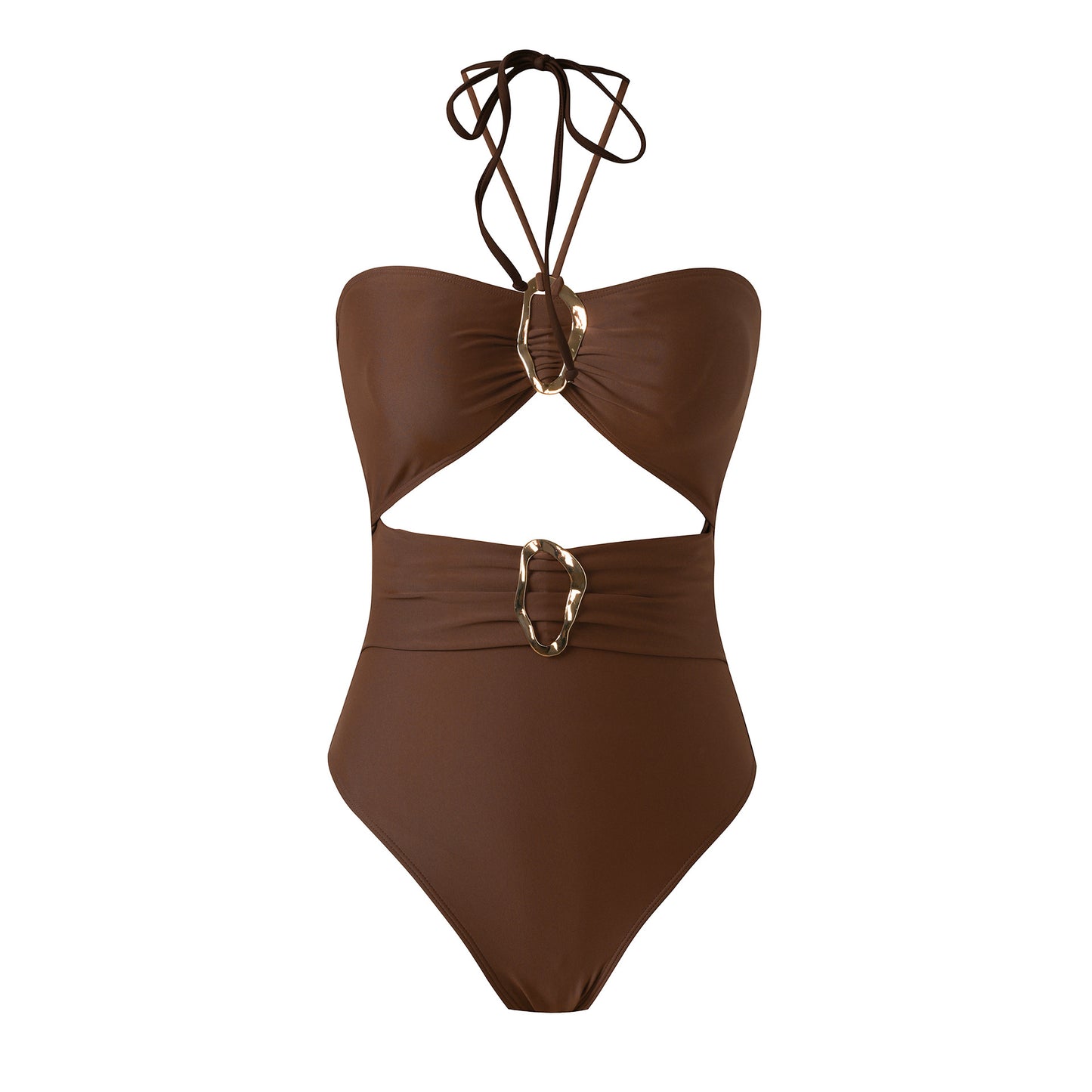Brown Cut-Out Strapless Monokini with O-Ring Detail & Printed Sarong | Women’s Luxury One-Piece Swimwear Set