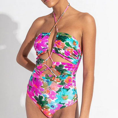 Tropical Floral Cut-Out One-Piece Swimsuit with Criss-Cross Detail | Women’s Designer Swimwear