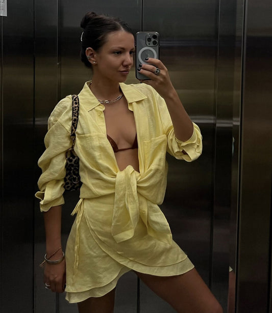 Butter Yellow Beach Shirt & Wrap Skirt Set