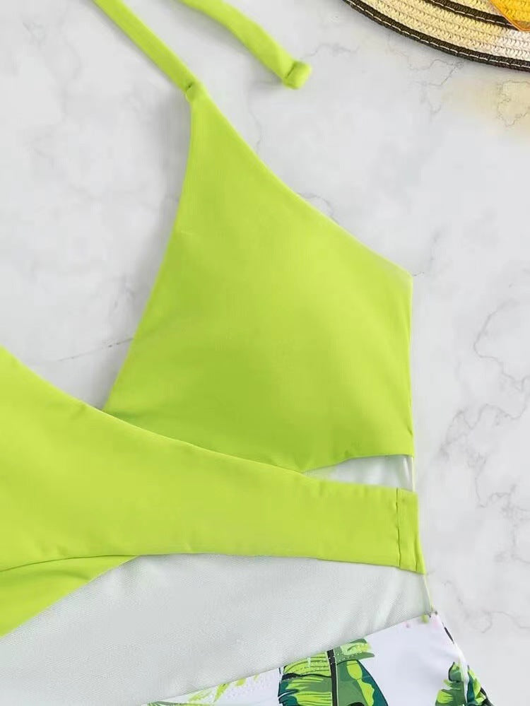 Lime Green Cut-Out Monokini with Tropical High-Waist Detail | Women’s Statement One-Piece Swimwear
