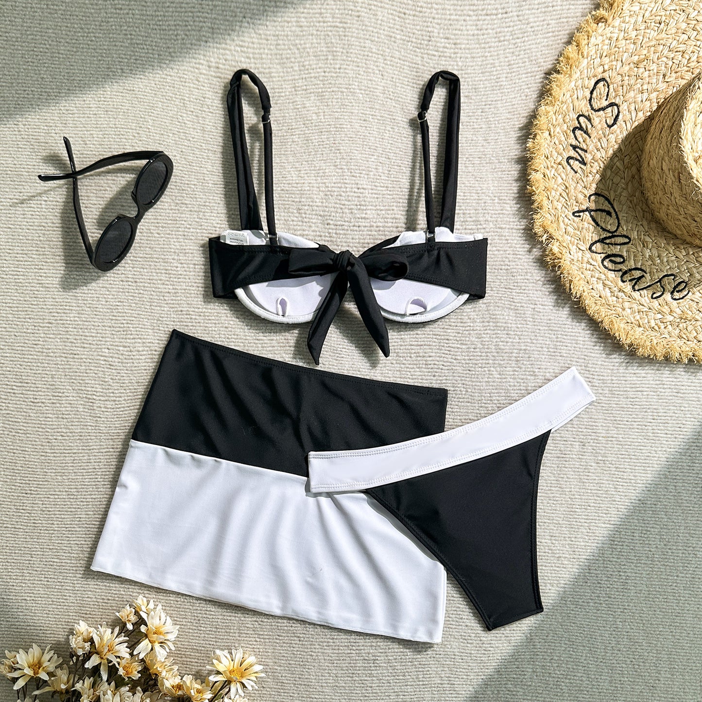 Black & White Bikini Set With Skirt