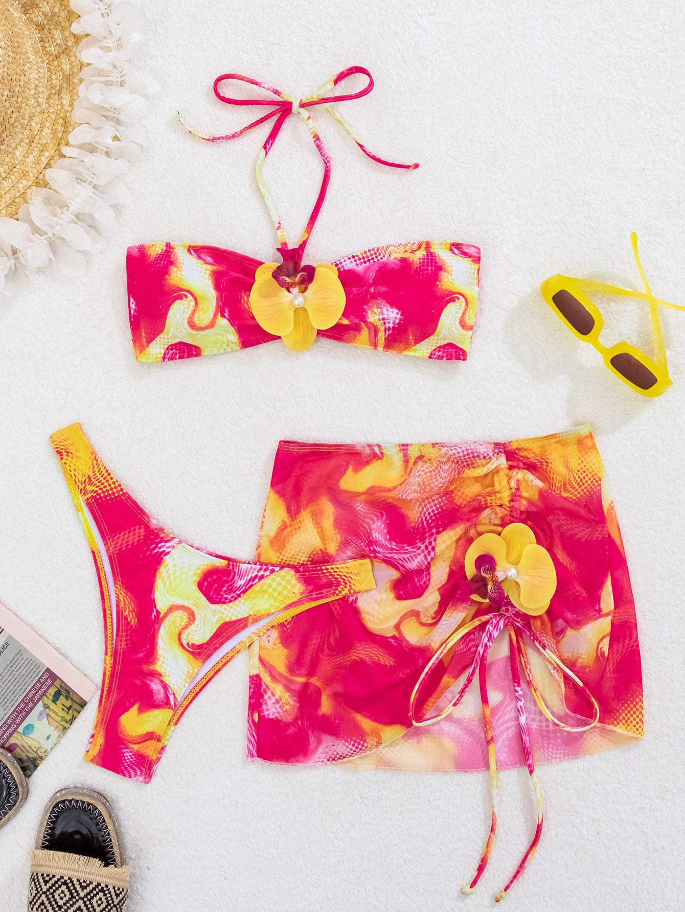 Tropical Orchid Bandeau Bikini Set with Skirted Sarong | 3-Piece Printed Resort Swimwear