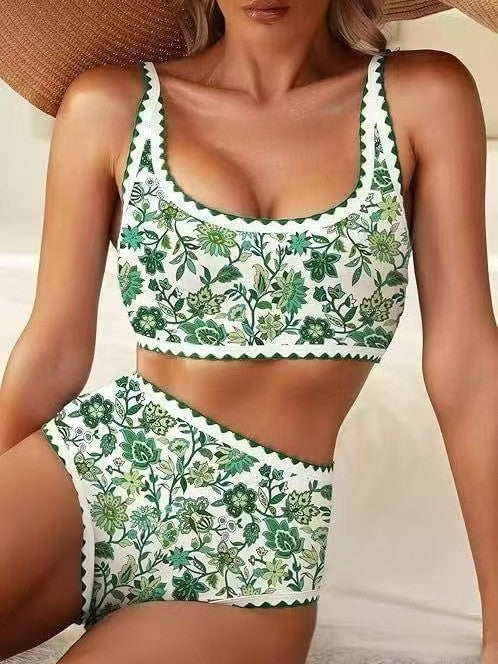 Green Floral High-Waisted Bikini Set – Scoop Neck Top & Vintage Botanical Print Swimwear