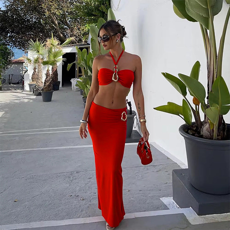 Red Halter Bikini Set with Maxi Skirt Cover-Up