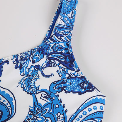 Blue Paisley One-Shoulder Cutout Swimsuit with Waist Tie