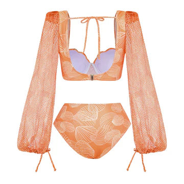 Mesh Sleeve Bikini Set with High-Waist Bottom & Matching Maxi Cover-Up – Peach Shell Print Swimwear