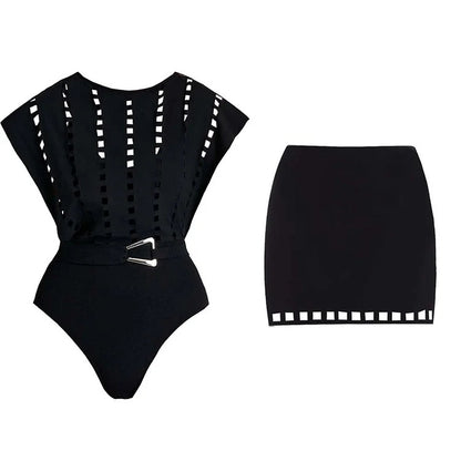 Belted Black Geometric Cutout Monokini with Matching Mini Skirt Cover-Up