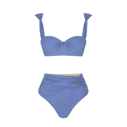 "Elegant Blue Three-Piece Bikini Set with High-Waist Bottoms & Sarong Skirt"