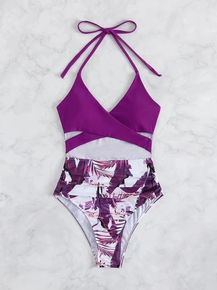 Plum Purple Cut-Out Monokini with Tropical High-Waist Detail | Women’s Statement One-Piece Swimwear