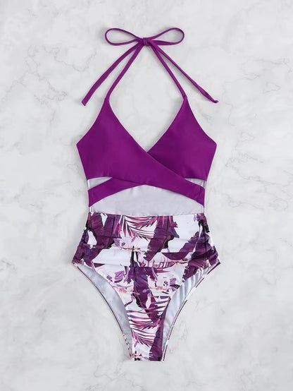 Plum Purple Cut-Out Monokini with Tropical High-Waist Detail | Women’s Statement One-Piece Swimwear