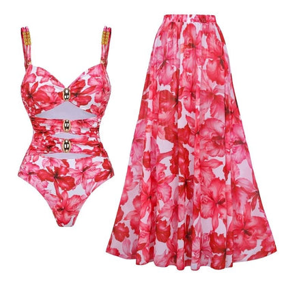 Red Floral Print Cut-Out One-Piece Swimsuit with Matching Maxi Skirt Cover-Up