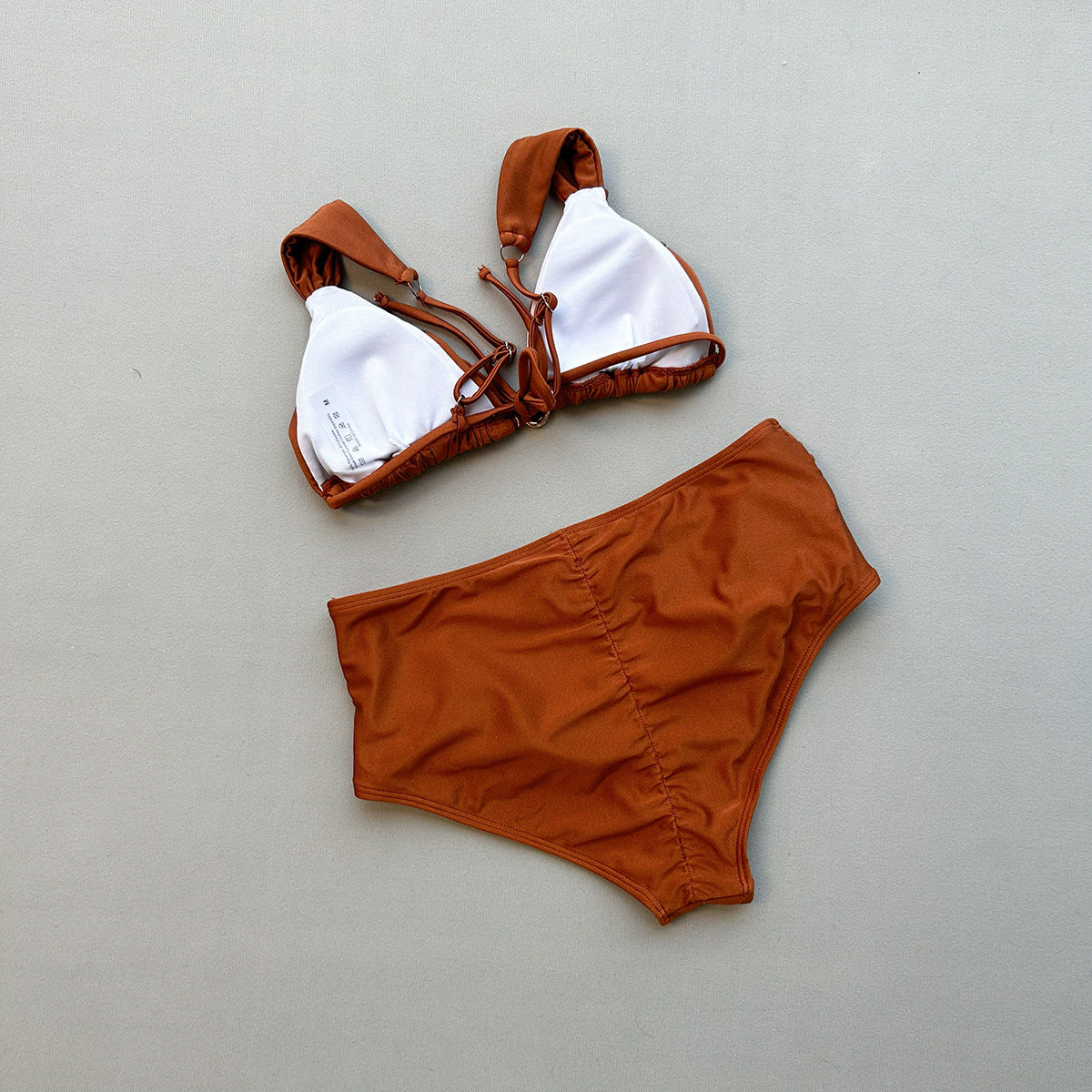Chocolate Brown Ring Detail Bikini Set with High-Waist Bottom