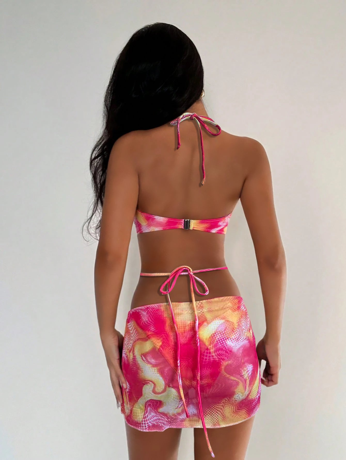 Tropical Orchid Bandeau Bikini Set with Skirted Sarong | 3-Piece Printed Resort Swimwear