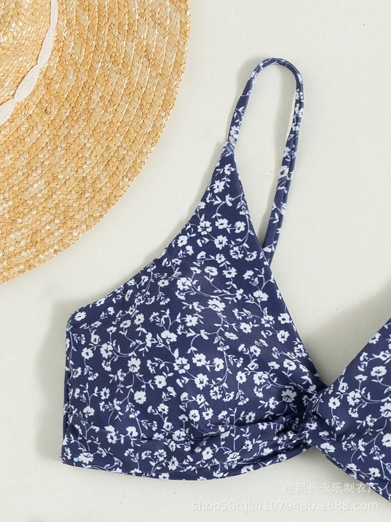 Blue Ditsy Floral Bikini Set with Slit Sarong Skirt | 3-Piece Swimwear Co-ord for Women