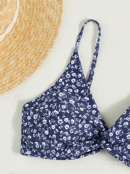 Blue Ditsy Floral Bikini Set with Slit Sarong Skirt | 3-Piece Swimwear Co-ord for Women