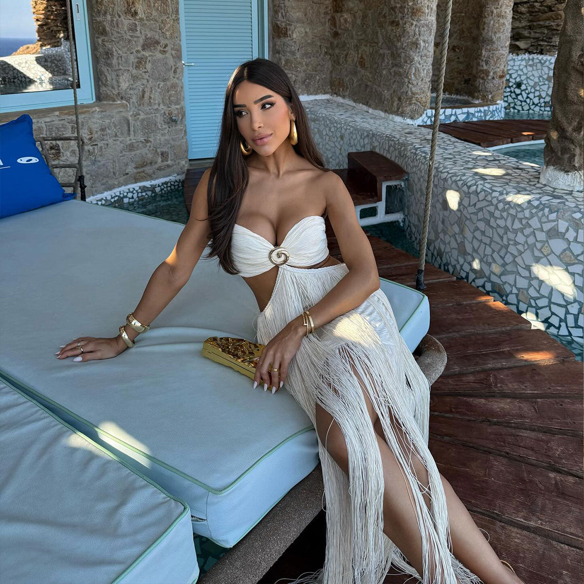 Ivory Fringe Detail Bandeau Maxi Beach Dress
