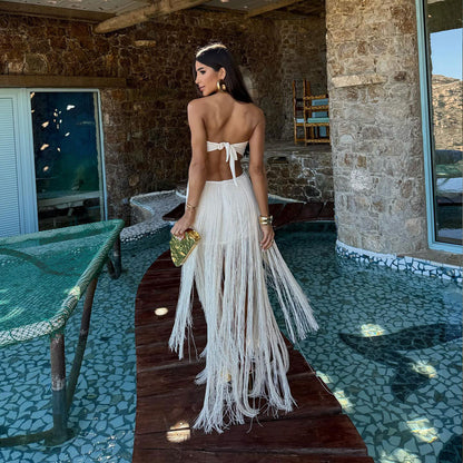 Ivory Fringe Detail Bandeau Maxi Beach Dress