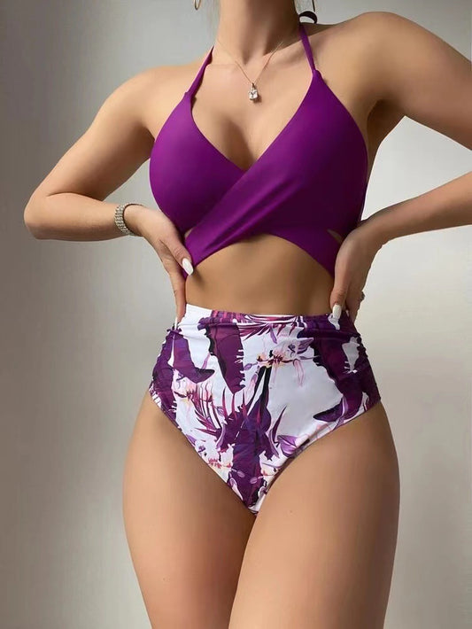 Plum Purple Cut-Out Monokini with Tropical High-Waist Detail | Women’s Statement One-Piece Swimwear