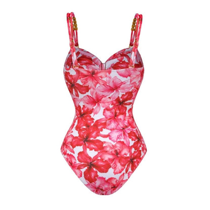 Red Floral Print Cut-Out One-Piece Swimsuit with Matching Maxi Skirt Cover-Up