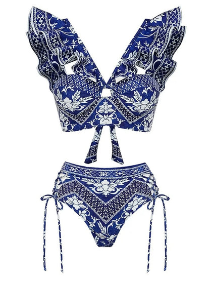 Boho Blue & White 3-Piece Swimwear Set – Ruffle Bikini with Maxi Sarong