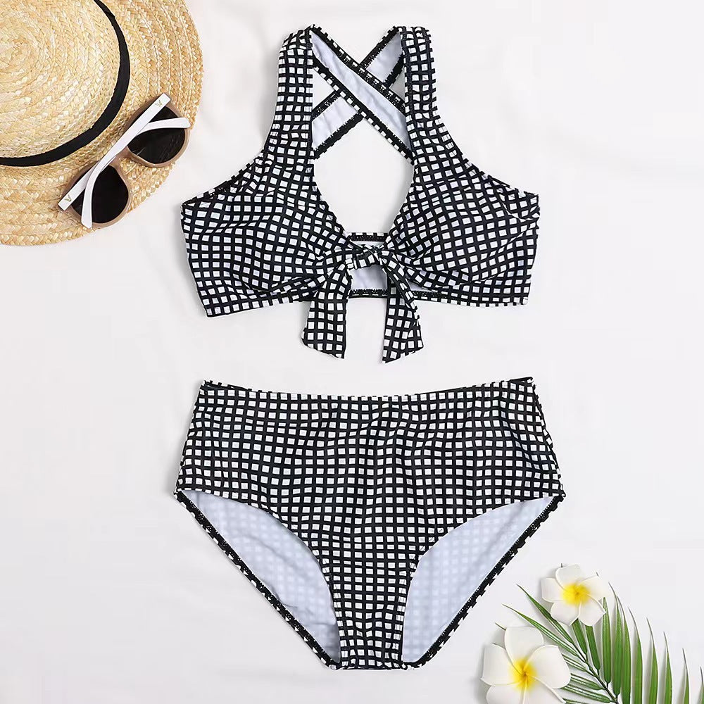 Black & White Halter Tie Checkered High-Waisted Bikini Set