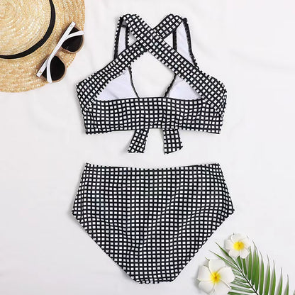 Black & White Halter Tie Checkered High-Waisted Bikini Set
