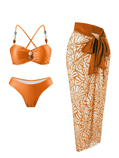 Sunset Bloom 3-Piece Bikini Set with Sarong