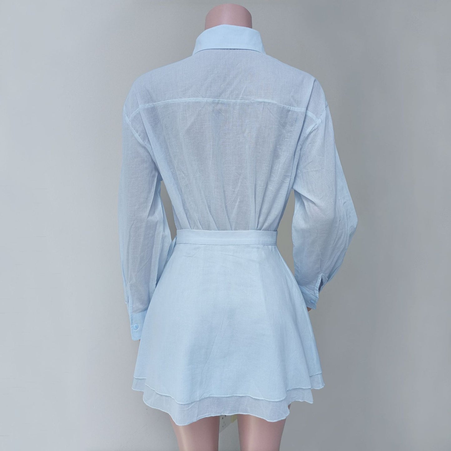 Sky Blue Tie-Up Beach Shirt with Wrap Skirt Cover-Up Set